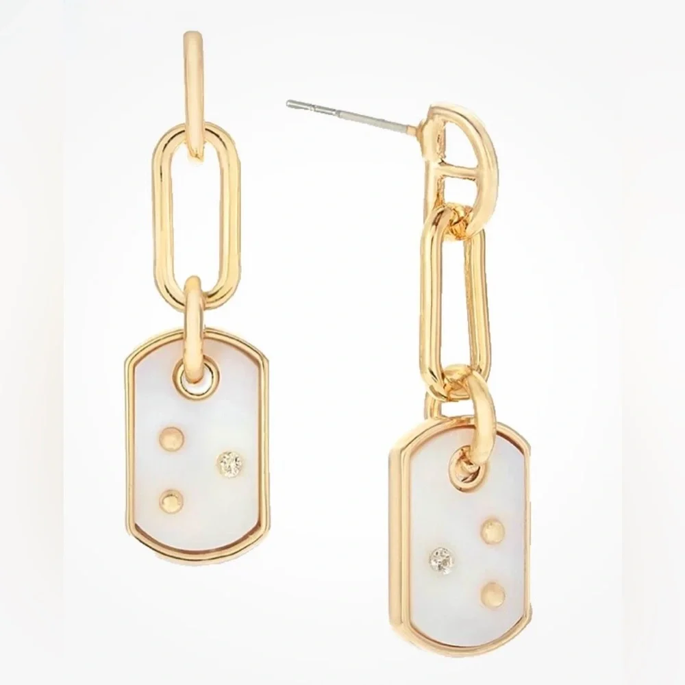 NWT On 34th Gold-Tone Link & Pavé Constellation Stone Dog Tag Drop Earrings